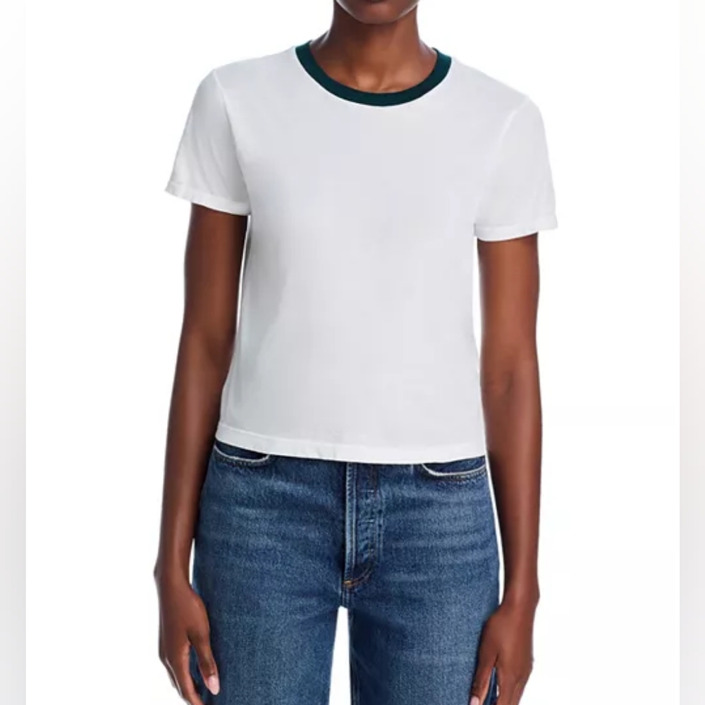 AQUA Athletic Ringer Tee In Large Size. White and Green Women's T-Shirt